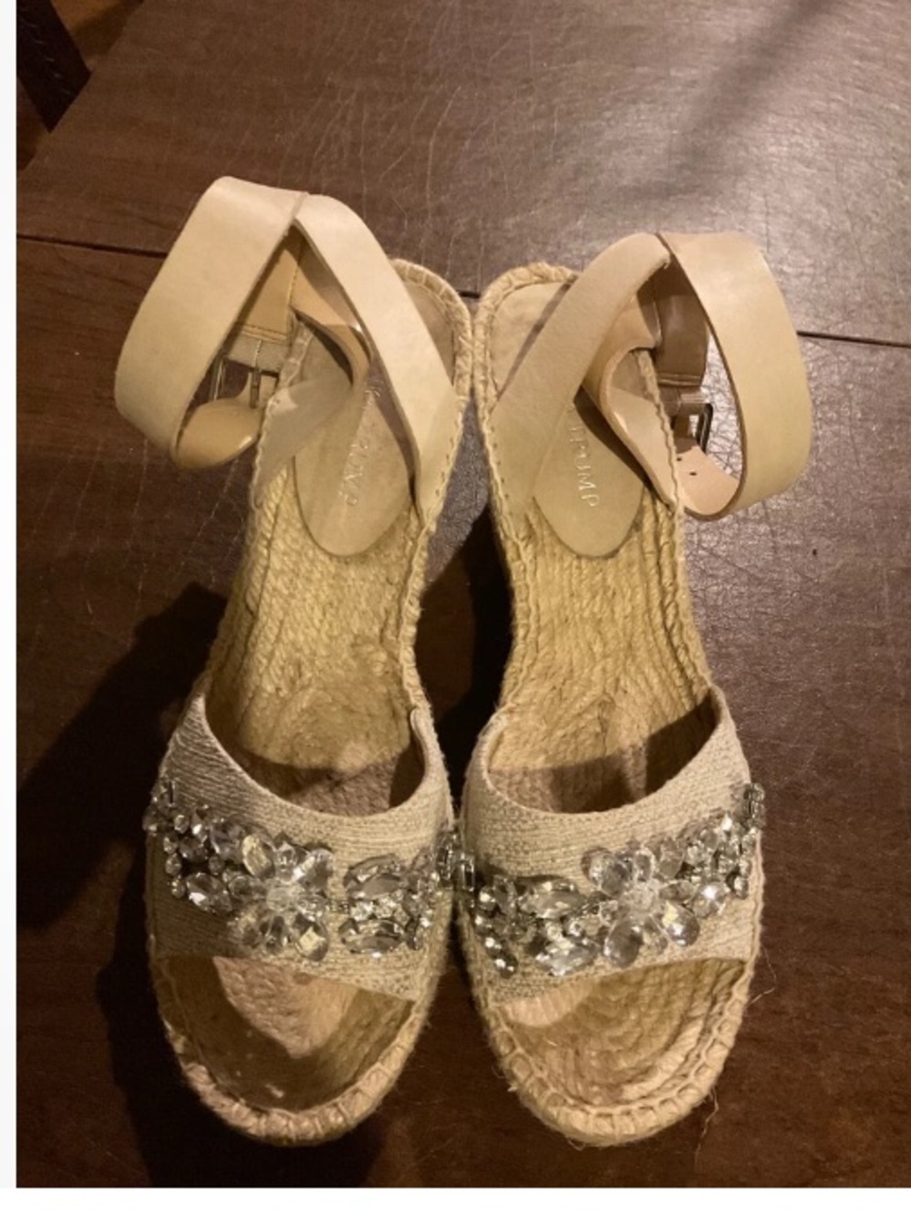 IVANKA TRUMP Sandals Womens Beige Dixi Espadrille Wedge Rhinestone Bling RARE